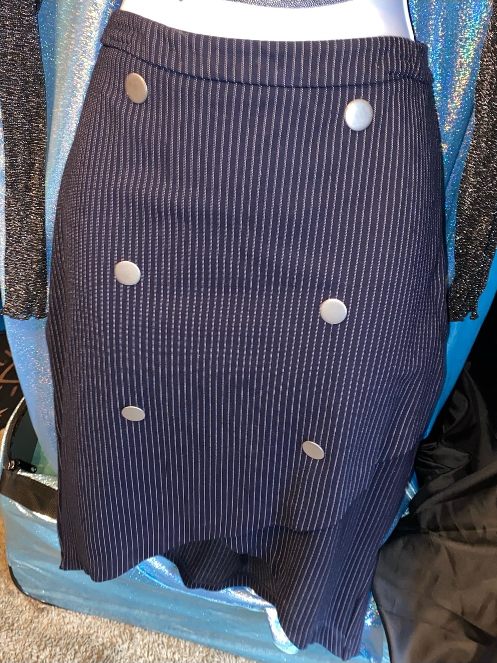 Cato Navy Pinstripe Midi Skirt with Silver Buttons